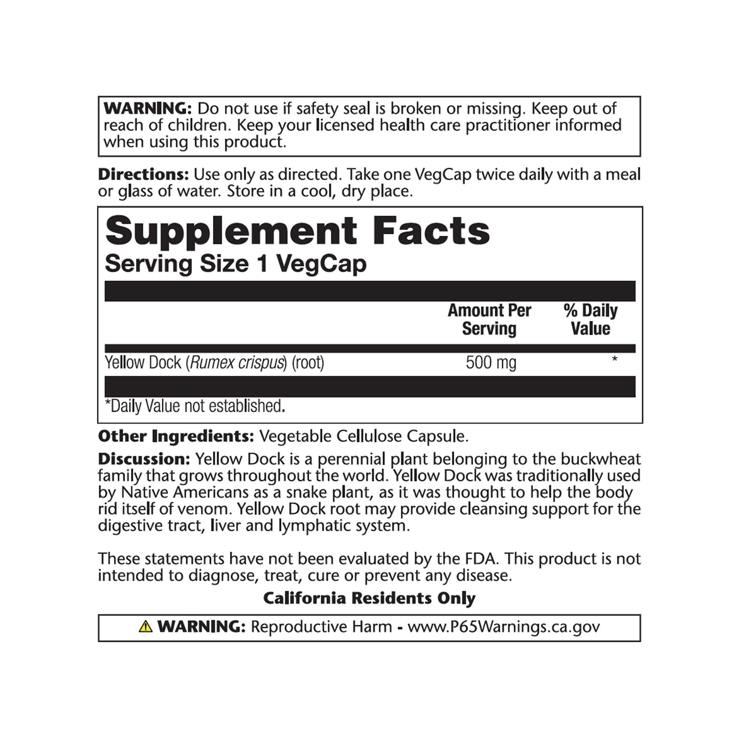 SOLARAY Yellow Dock Root 500mg Capsules, 100 Count