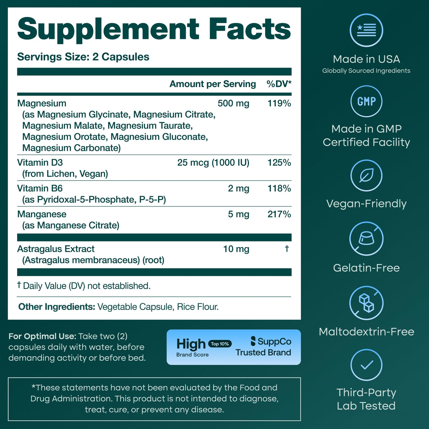 Etta Vita Magnesium Glycinate Complex 500mg, 7-in-1 with Vegan D3 Capsules, 60 Count