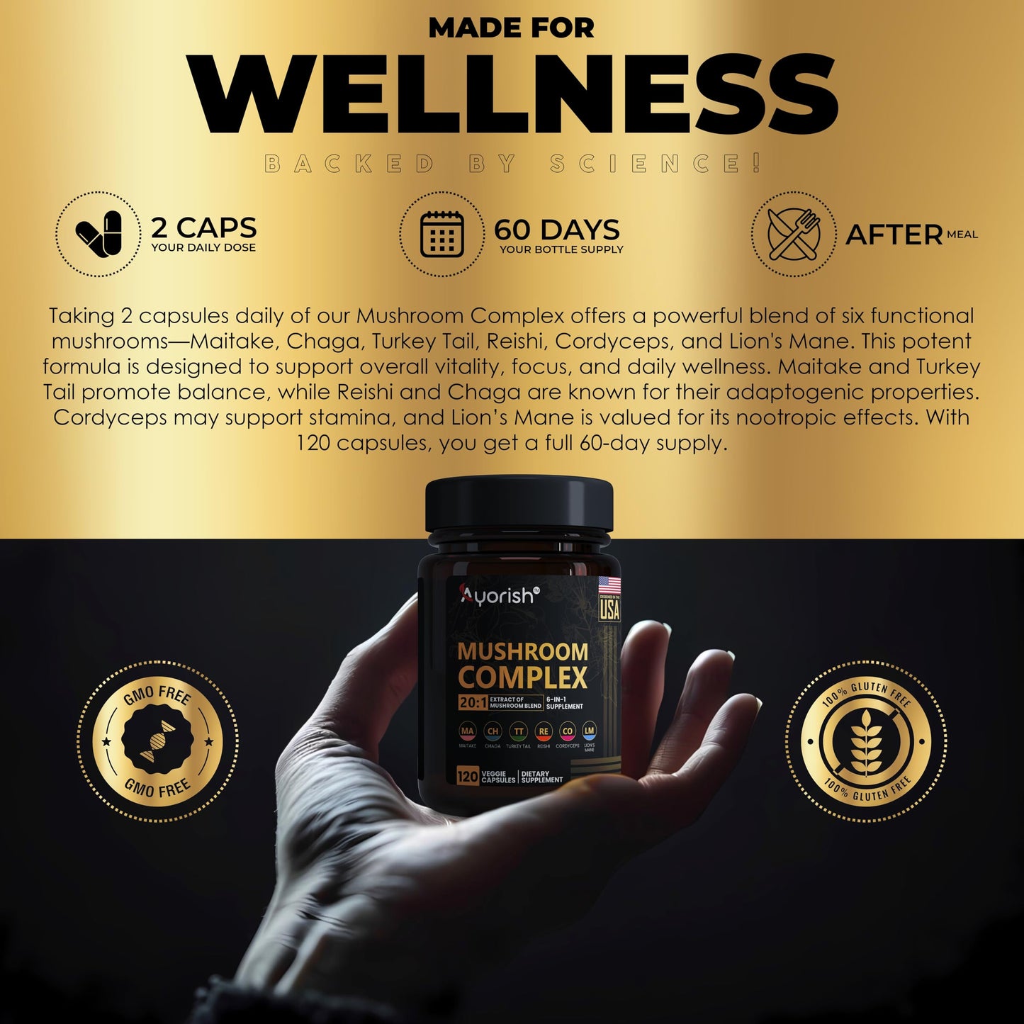 Ayorish Lions Mane 6 in1 Mushroom Supplement with Turkey Tail Reishi Cordyceps Chaga Maitake Meshima Poria Cocos Shiitake Oyster Porcini Enoki Capsule 120