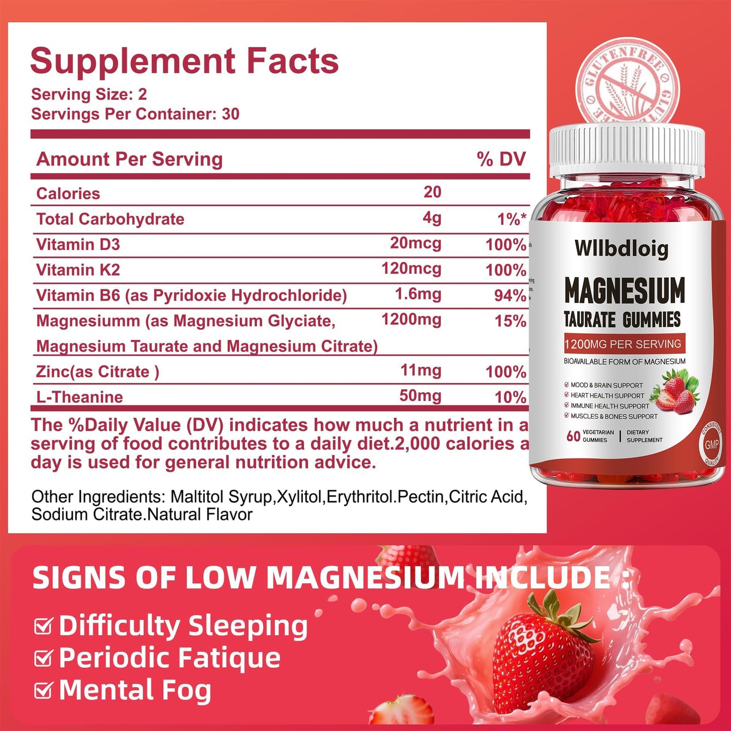 Wllbdloig Magnesium Taurate Gummies 1200mg Complex Magnesium High Absorption, 60 Count