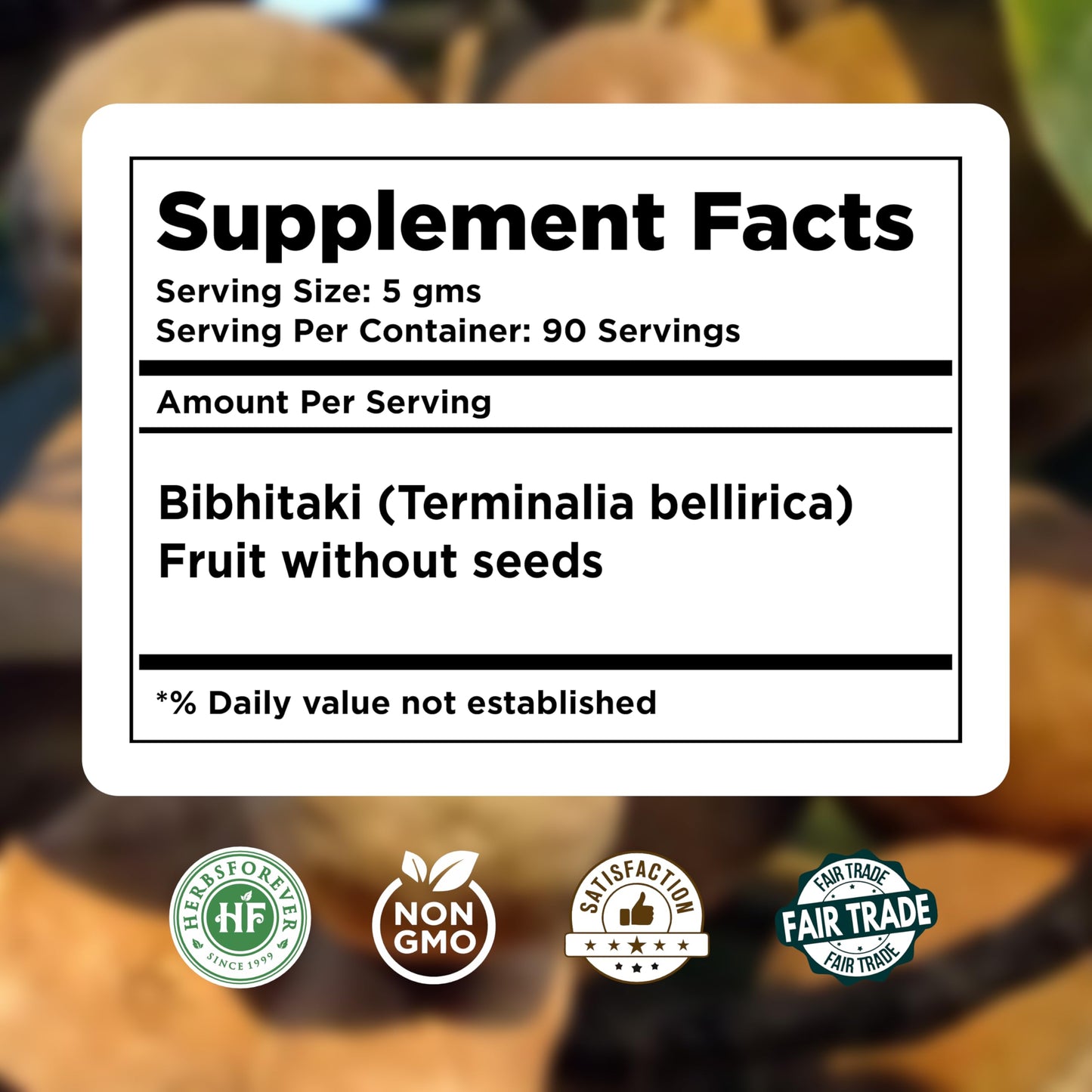 Herbsforever Bibhitaki (Terminalia bellirica) Fruit Powder Without Seed for Digestion & Kapha Detoxification, 16 Ounce
