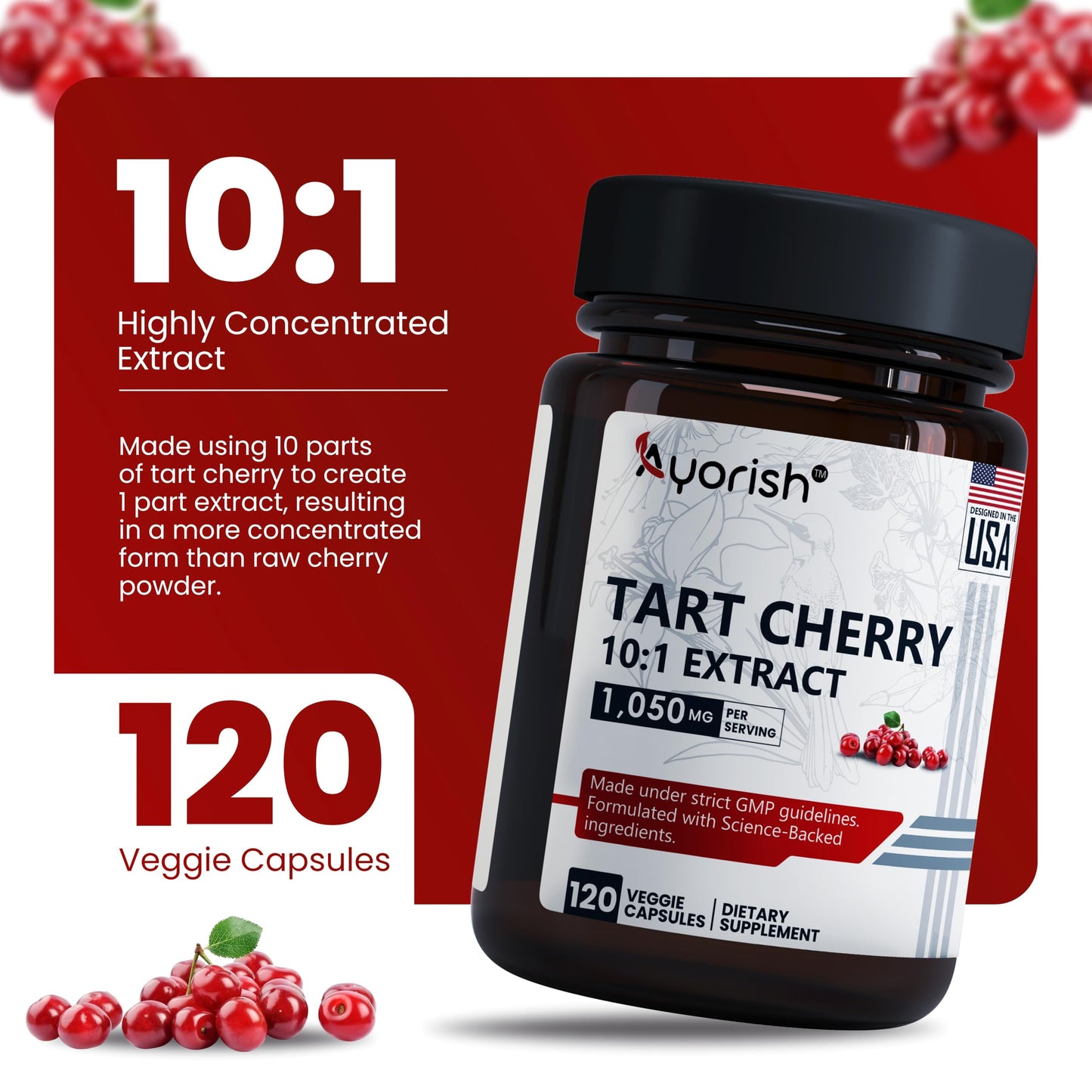 Ayorish Tart Cherry Capsules 1050mg Tart Cherry Extract 10:1, 120 Capsules