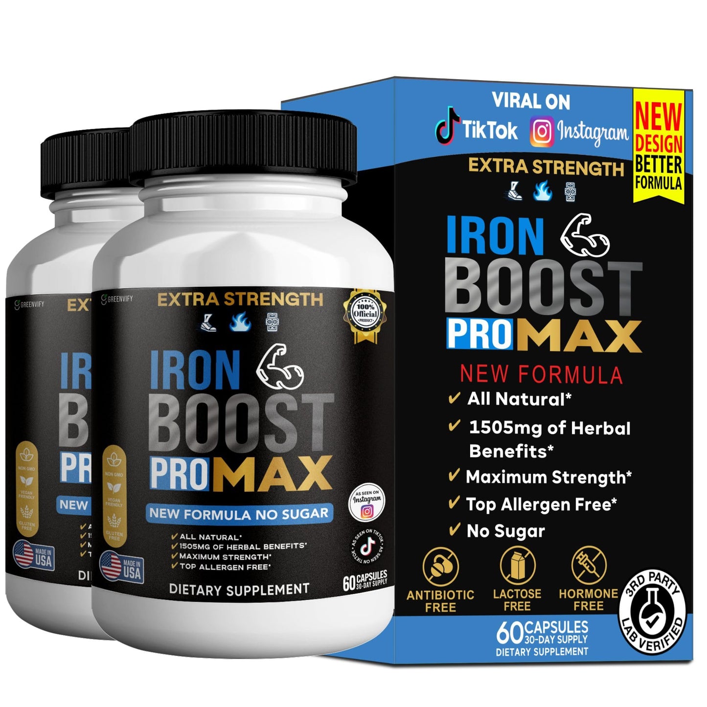 GREENVIFY Iron Boost Pro Max Extra Strength Dietary Supplement Organic Maca Root Blend 60 Capsules