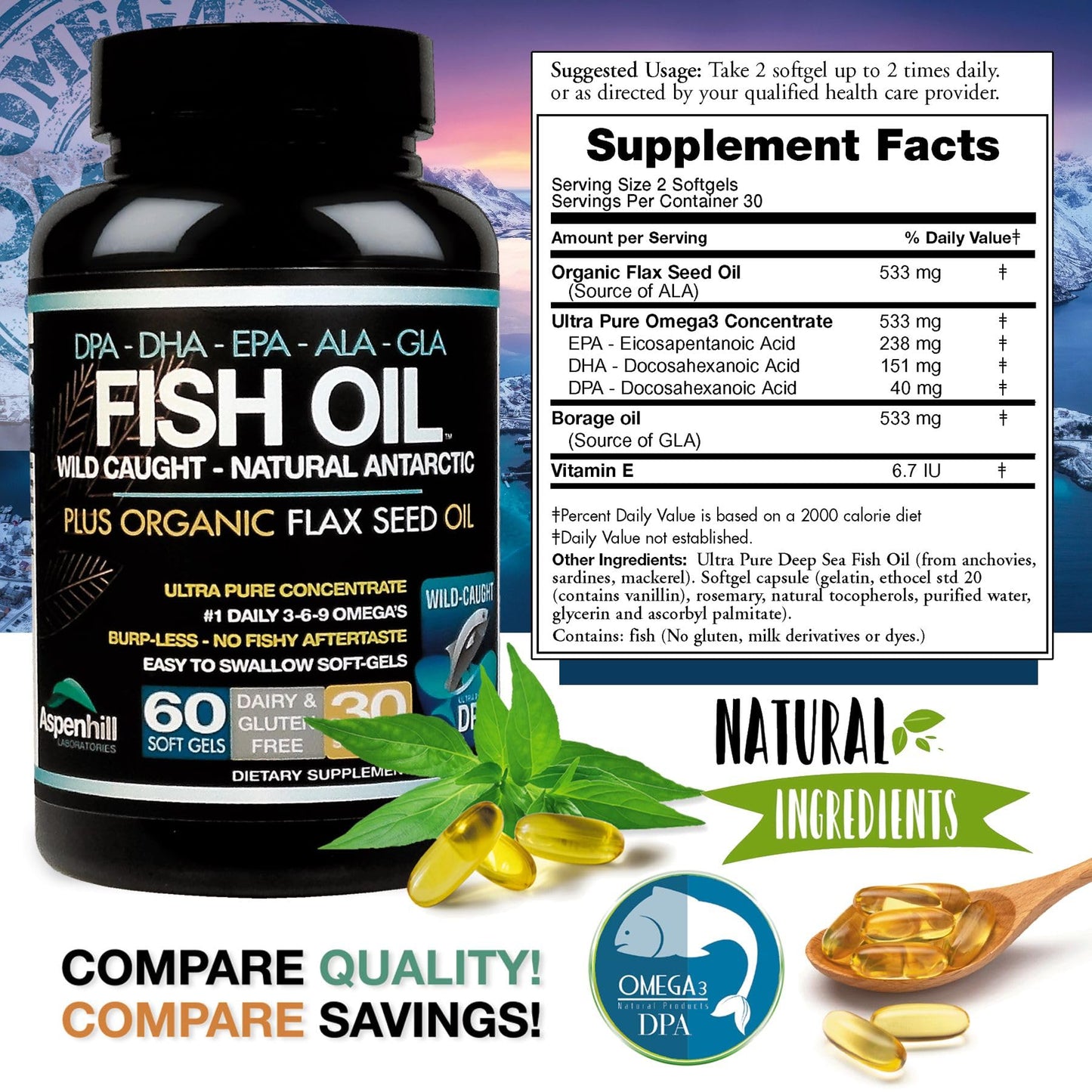 Aspenhill Laboratories Triple Strength Wild-Caught Antarctic Fish Oil Omega-3 with Organic Flax Seed, Omega Ultra Blend DPA EPA DHA GLA ALA Softgels 60