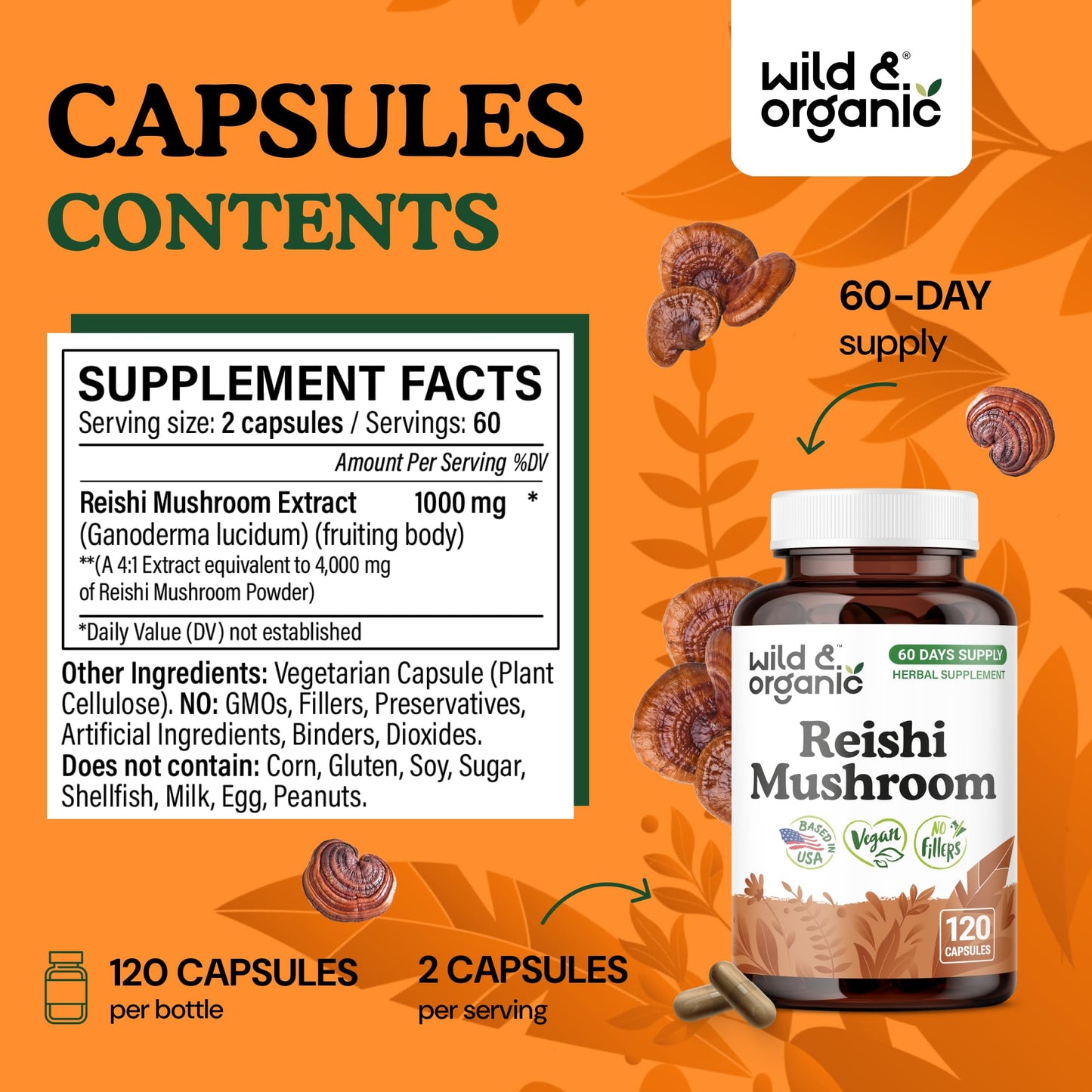 Wild & Organic Reishi Mushroom 1000 mg Capsules, 120 Count