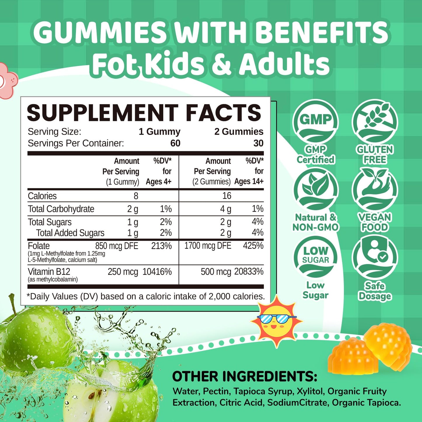 NATISLAND Methylfolate Gummies, L-Methylfolate & Methyl B12, Active Folate Supplement, 60 Gummies
