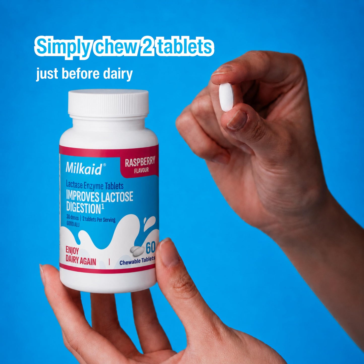 Milkaid Lactase Enzyme Chewable Tablets for Lactose Intolerance Relief, Fast Acting Dairy Digestive Supplement, 120 Tablets
