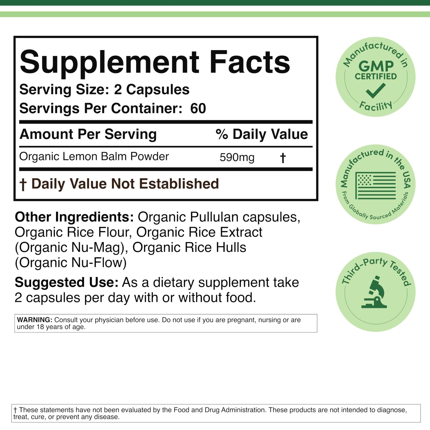 Double Wood Supplements Organic Lemon Balm 120 Capsules