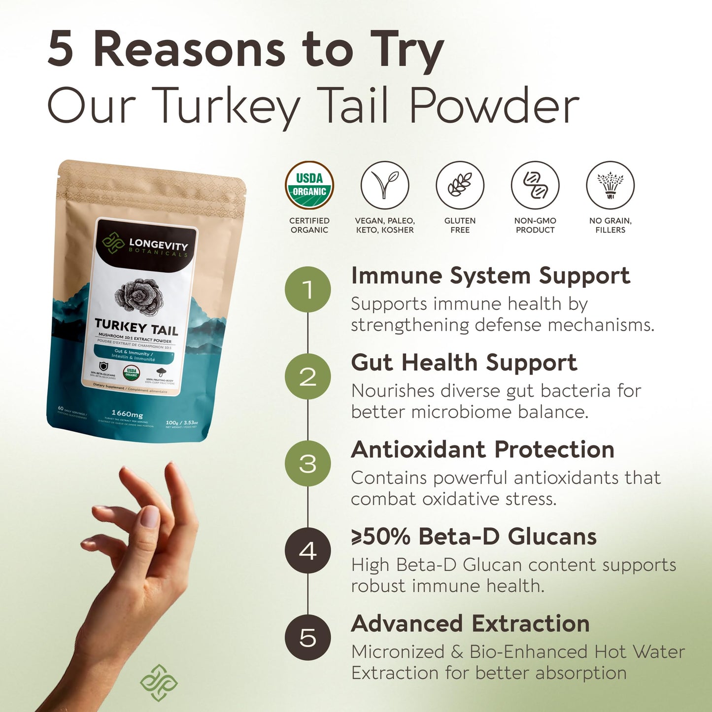 Longevity Botanicals Organic Turkey Tail Mushroom Powder Extract 3.5 oz