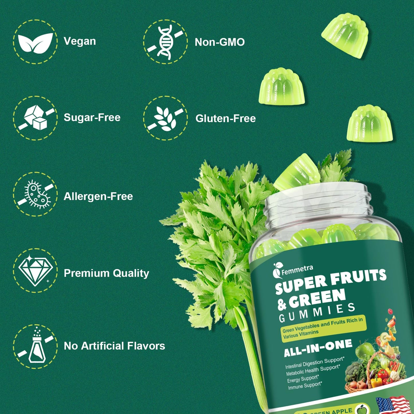 Femmetra 61-in-1 Supergreens Daily Gummies for Women and Men, Multivitamin Superfood Gummies with Probiotics for Metabolic, Energy, and Digestive Health, Sugar Free, Green Apple Flavor, 60 Count