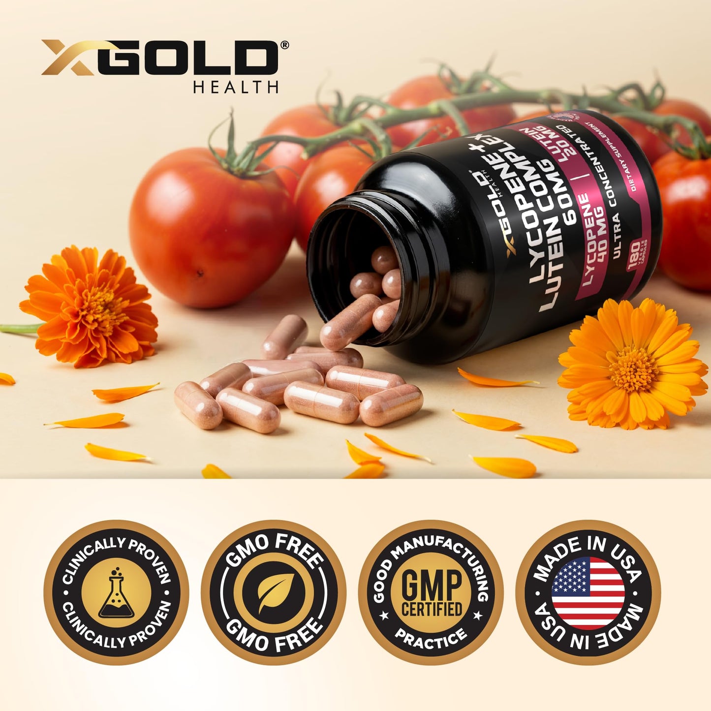 X Gold Health Lycopene 5% + Lutein Supplement 60mg Capsules, 180 Capsules