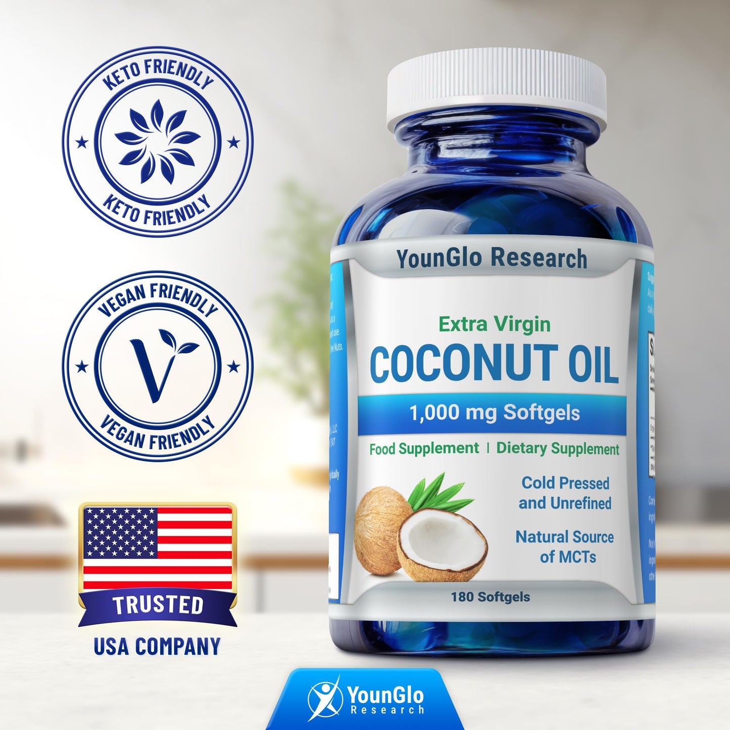 YounGlo Research Coconut Oil 1000 mg 100% Cold-Pressed Organic Extra Virgin Coconut Oil Softgel 180