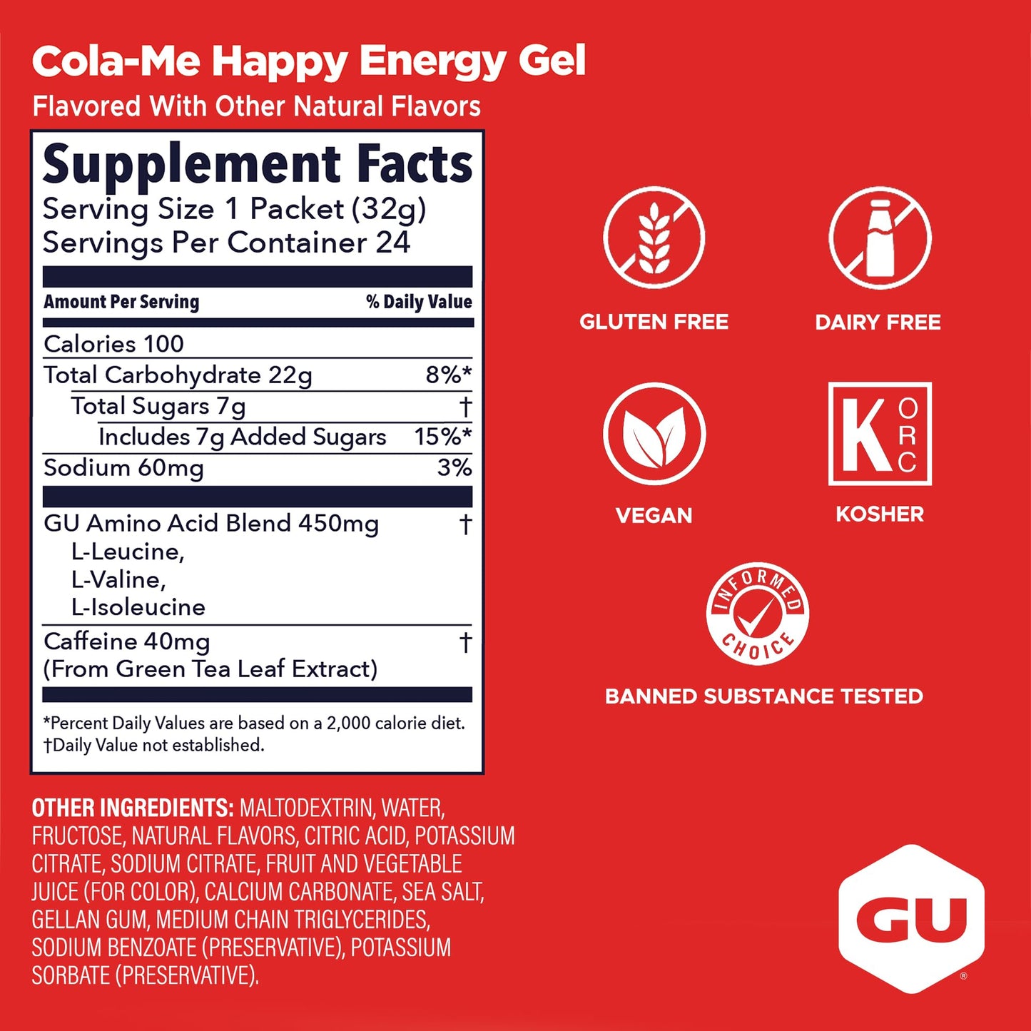GU Energy Original Sports Nutrition Energy Gel, Vegan, Gluten-Free, Kosher, and Dairy-Free On-the-Go Energy for Any Workout, 24-Count, Cola Me-Happy