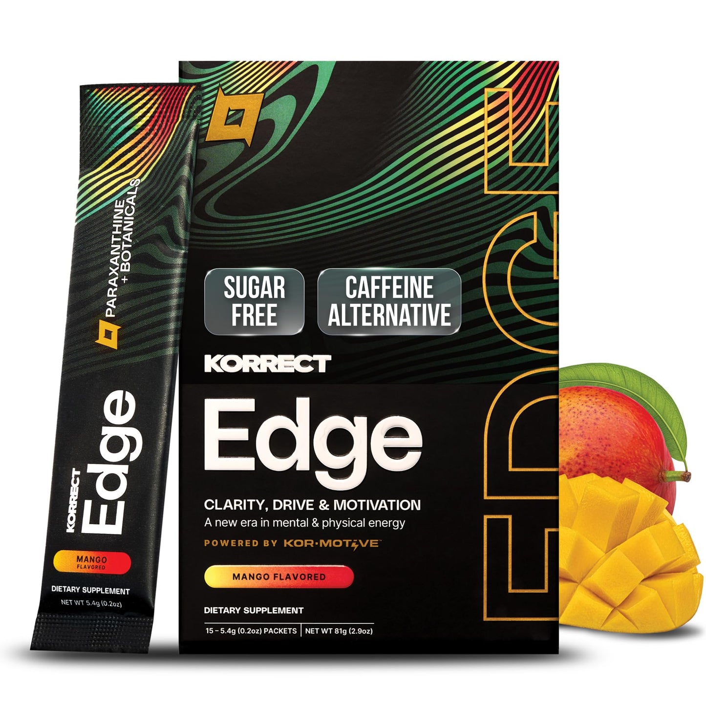 KORRECT LIFE Edge Paraxanthine Powder, Caffeine Alternative, 15 Pack (Mango)