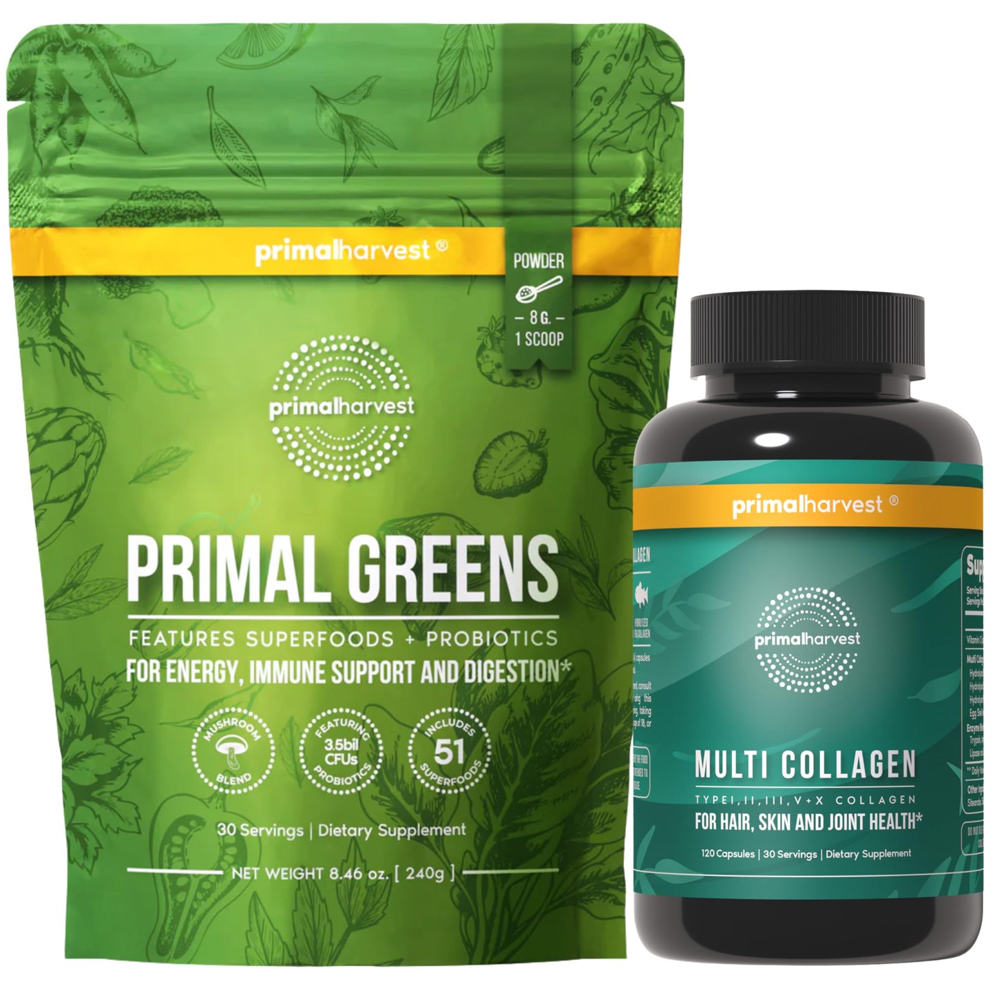 Primal Harvest Super Greens & Multi Collagen Capsules Bundle, 120 Capsules