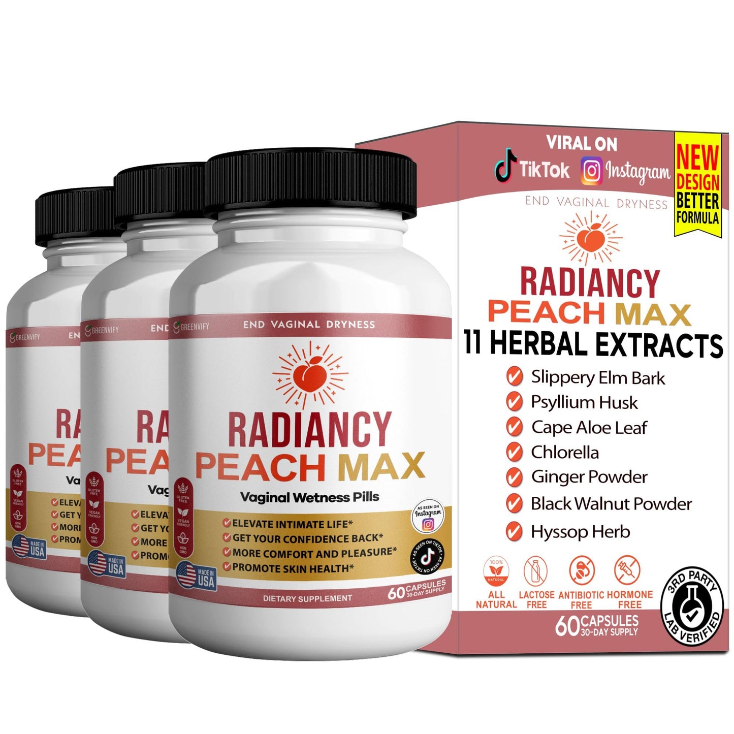 GREENVIFY Radiancy Peach Max Vaginal Wellness Supplement Capsules, 180 Count
