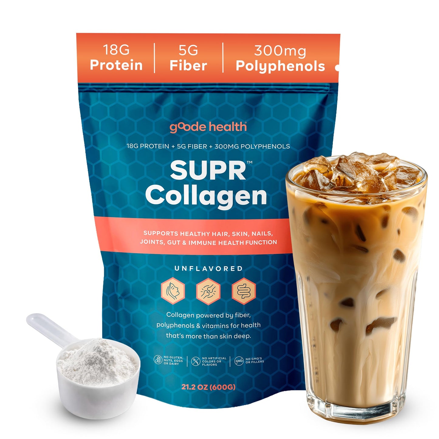 Goode Health SUPR Collagen Powder Unflavored Type I & III Hydrolyzed Collagen Peptides with Fiber & Polyphenols No Sugar, 21.2