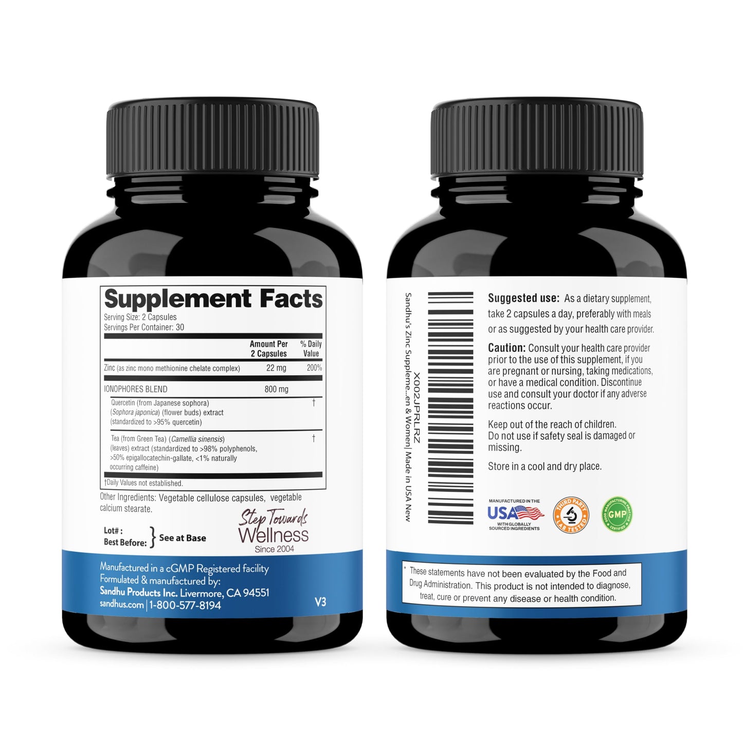 Sandhu's Zinc Supplement with Ionophores, Quercetin & Green Tea Extract 800mg Capsule, 60 Count