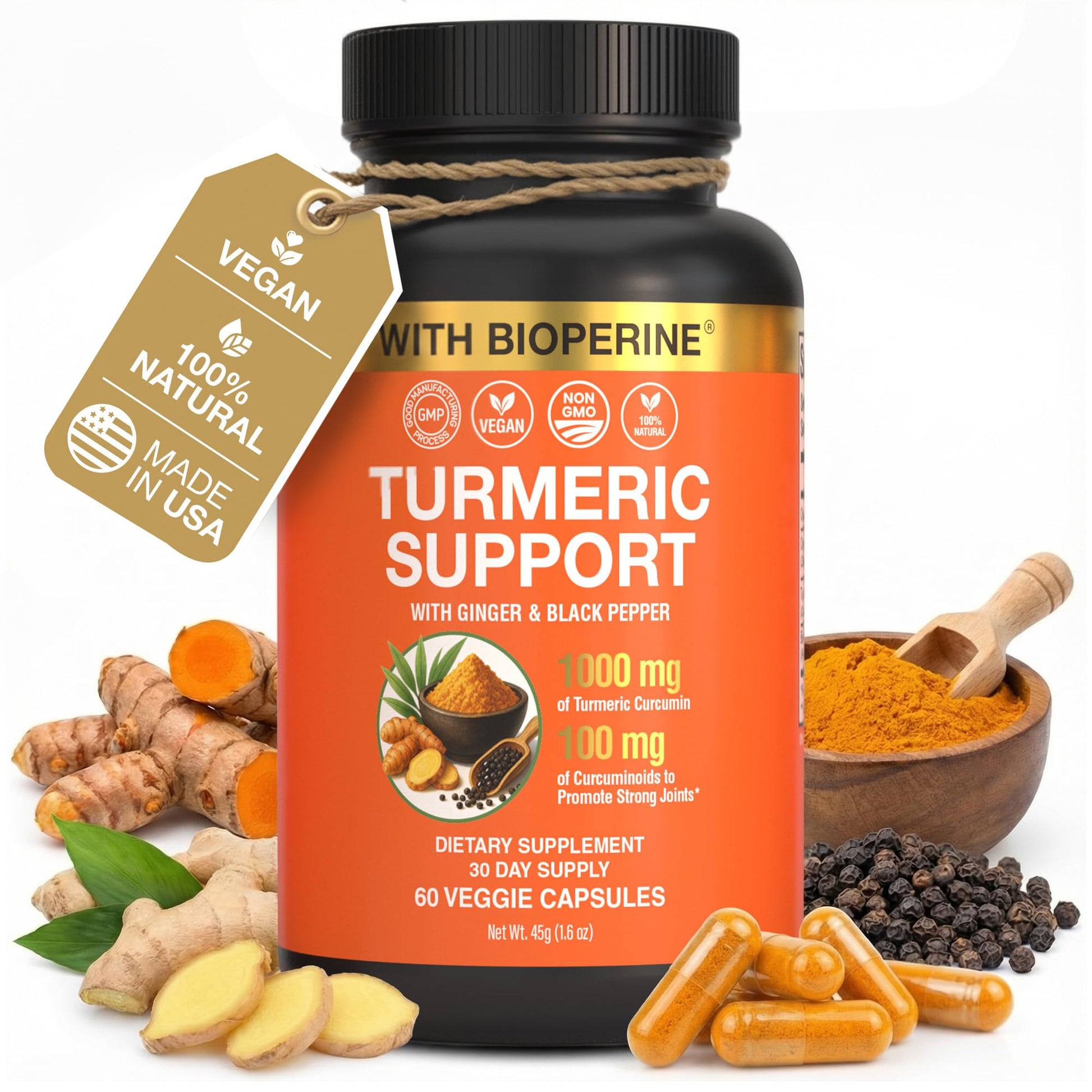 SS SLEEVE STARS Turmeric Curcumin Supplement with Ginger & Black Pepper Bioperine, Joint Support & Inflammation Relief, Non-GMO Gluten-Free & Vegan, 1000mg, 60 Capsules