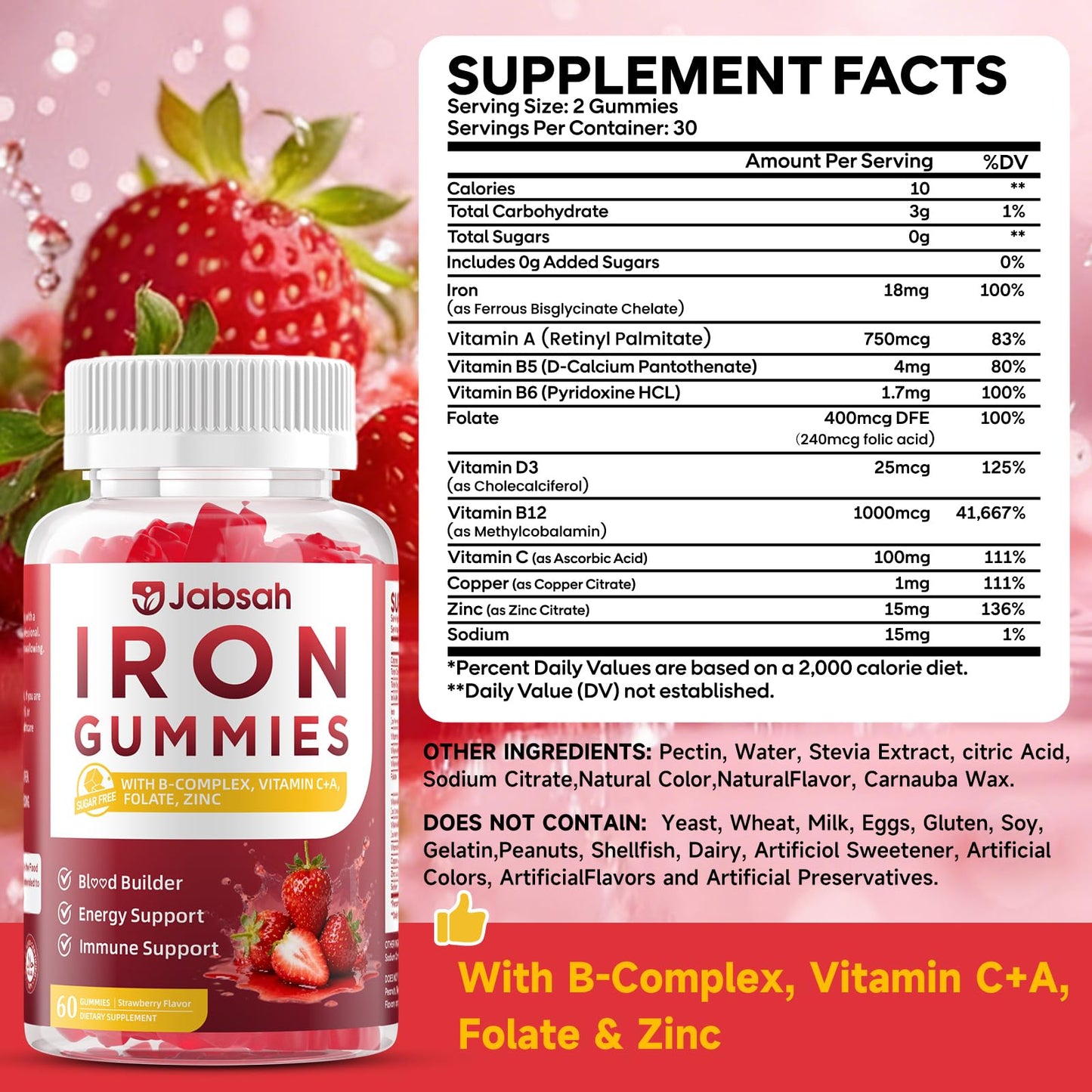 Jabsah Vegan Iron Gummies for Adults & Kids - Iron Mineral Supplement with B-Complex, Vitamin C, Vitamin A, Folate - Strawberry Flavor, 60 Gummies