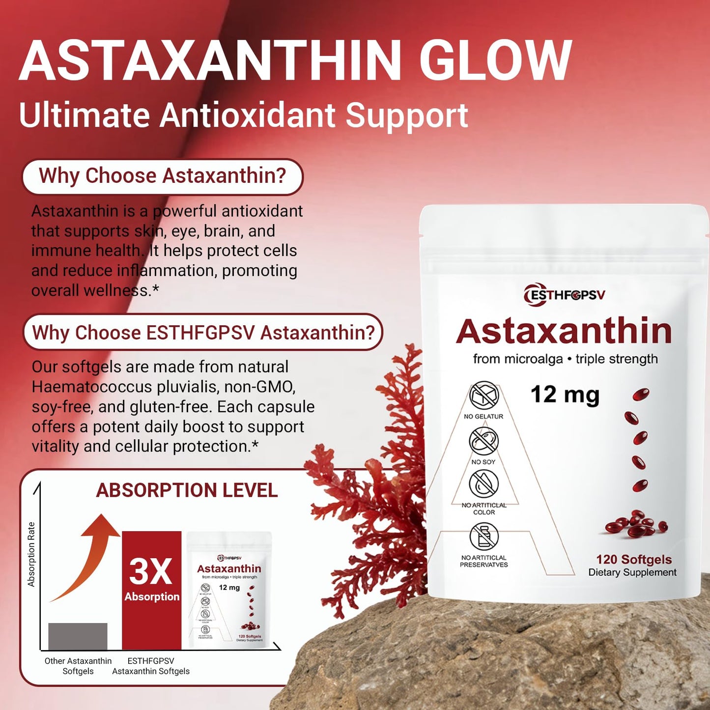 ESTHFGPSV Astaxanthin 12mg Antioxidant Supplement with Vitamin E Softgel 120 Count