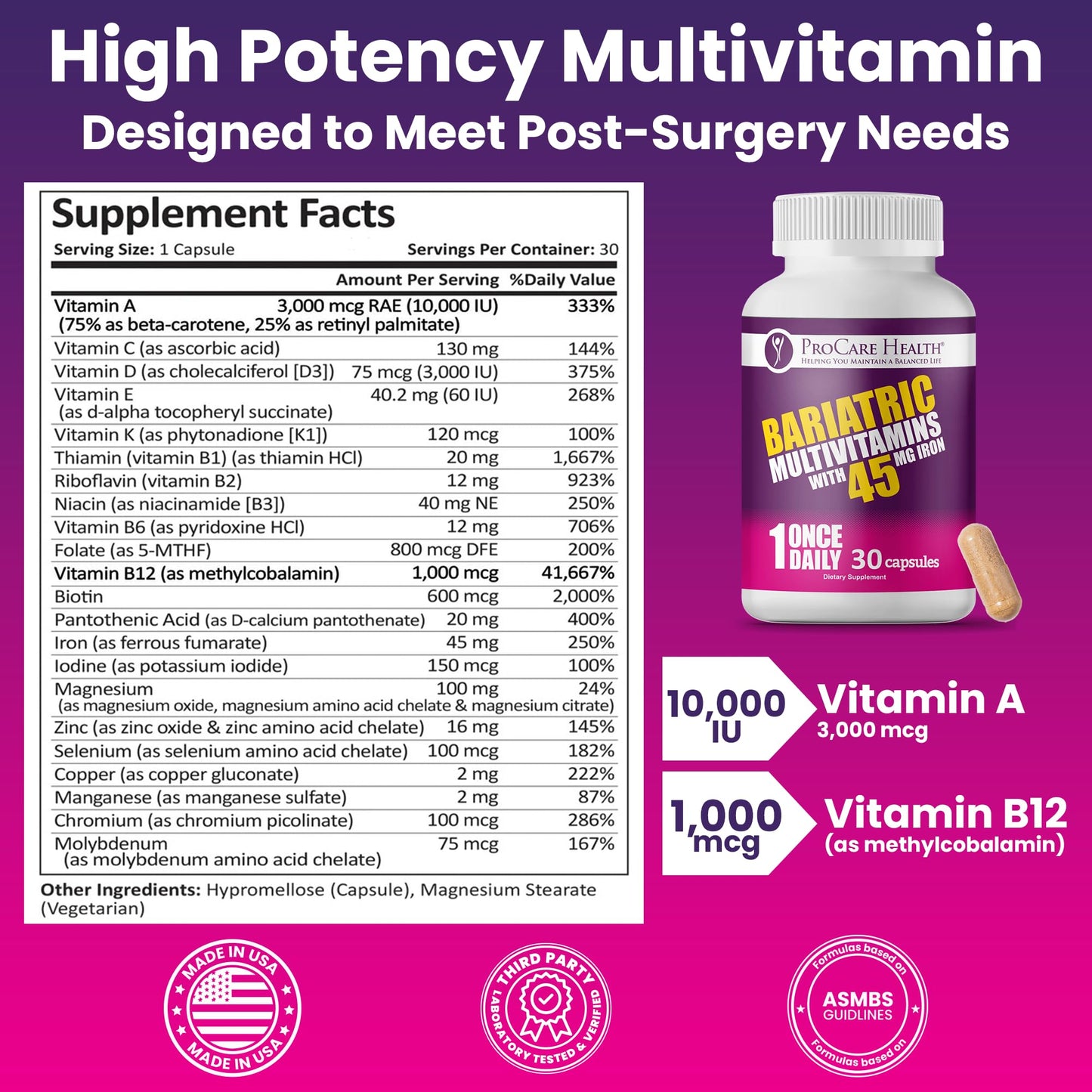ProCare Health Bariatric Multivitamin with 45mg Iron, 30 Capsules