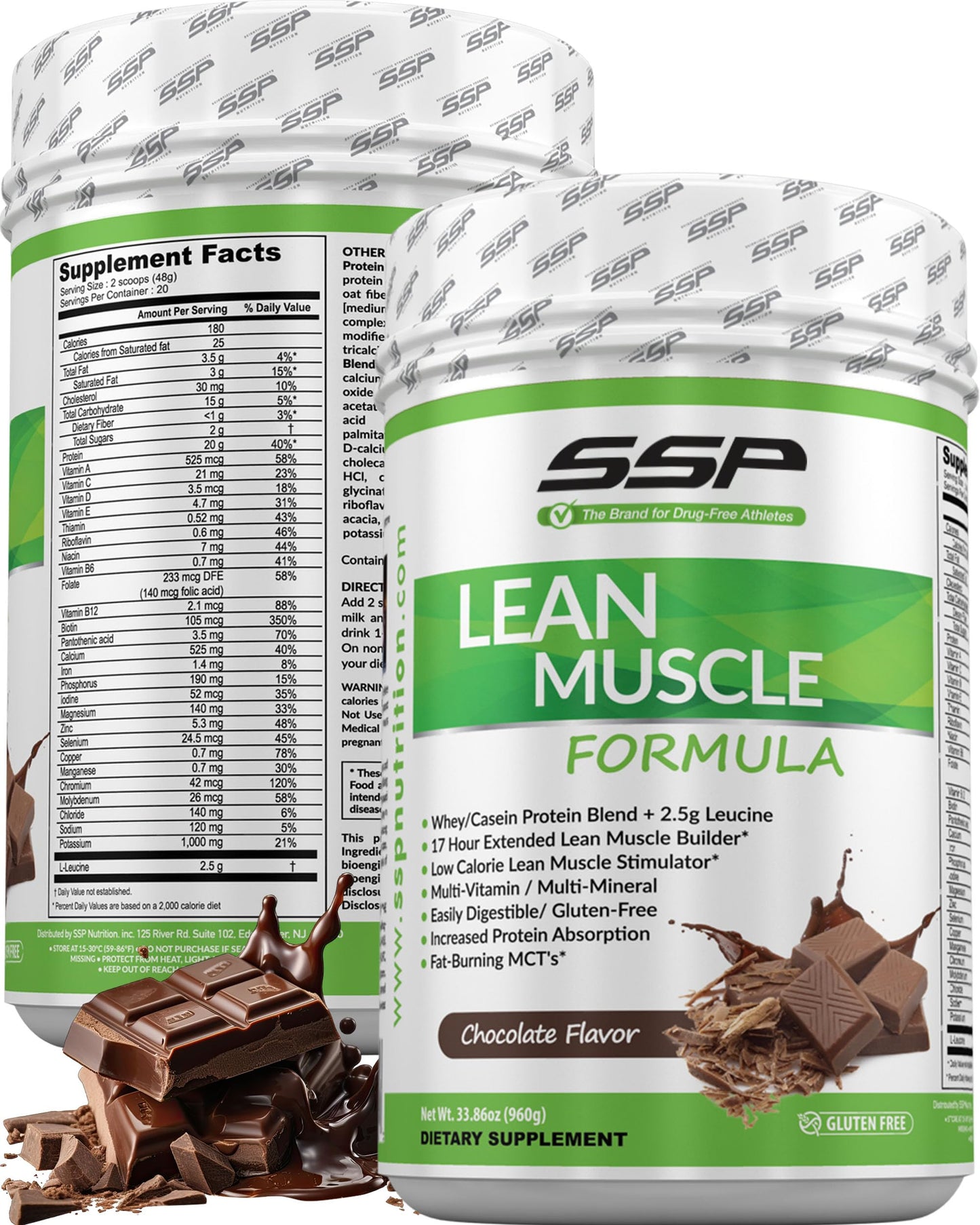 SSP Whey Isolate & Casein Protein Powder with Leucine & MCT, Low-Calorie Chocolate, 2.12 lb