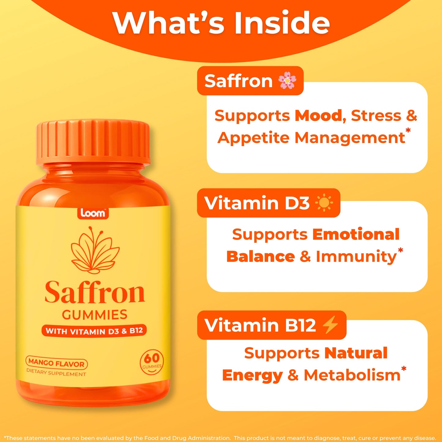 Loom Saffron Gummies with Vitamin D3 & B12 Gummy, 60 Count