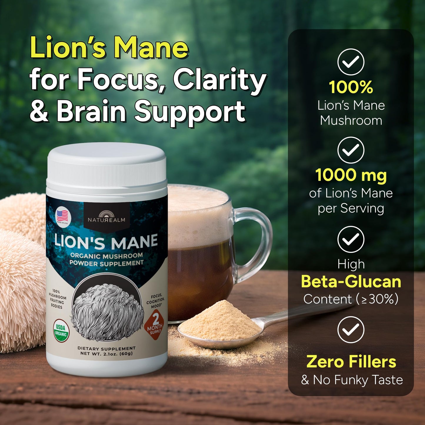 Naturealm Lions Mane Mushroom Powder Supplement Powder 2.1 Ounce