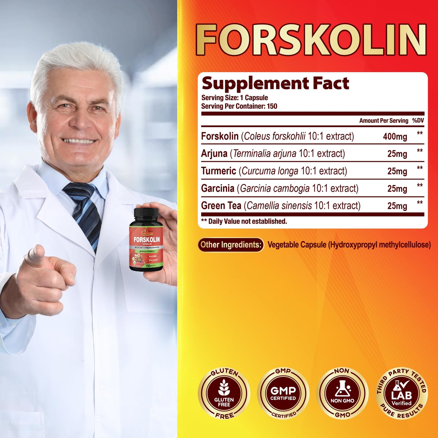 Organic Cadane Forskolin Supplement Capsules, 150 Capsules