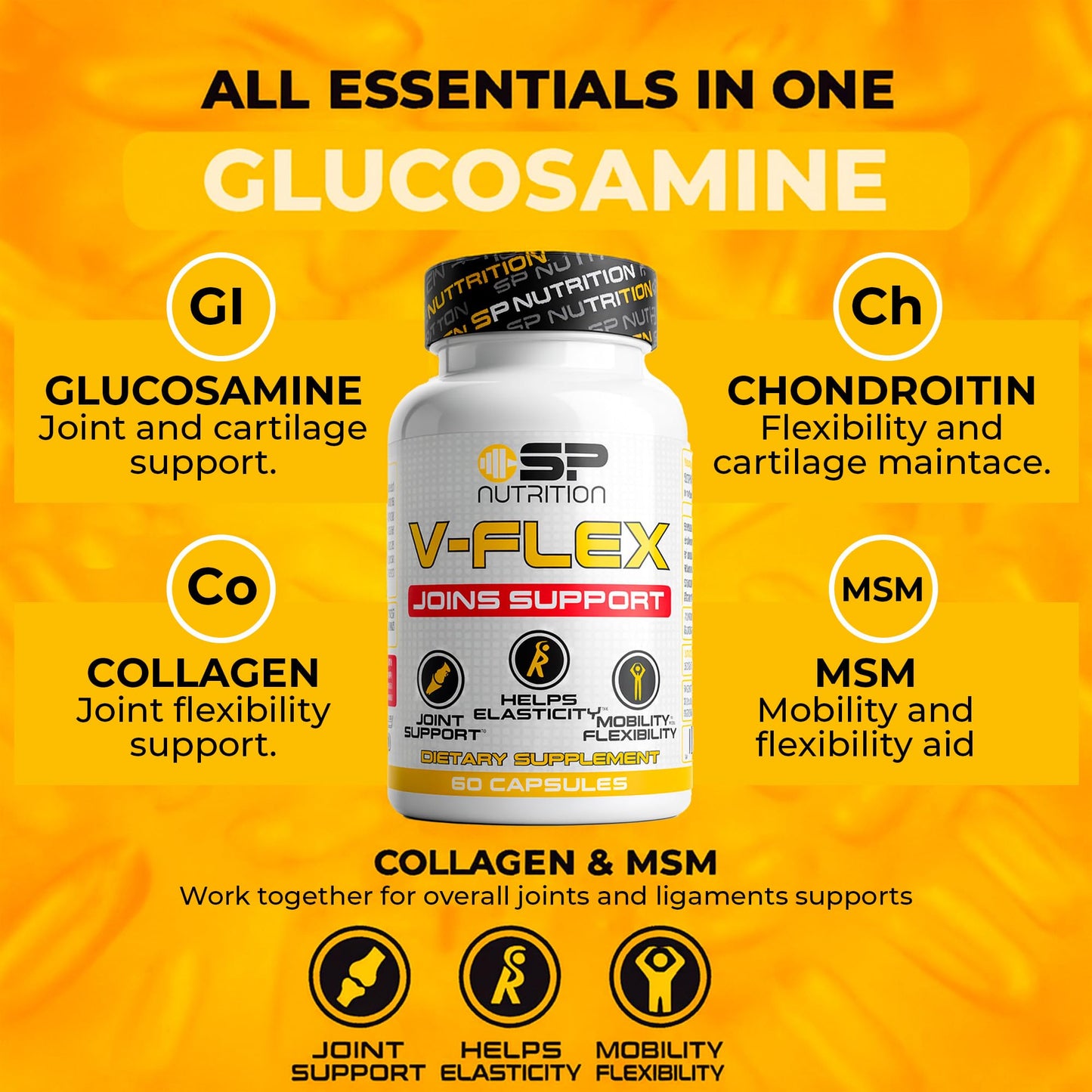 S Nutrition V-Flex Advanced Joint Support Supplement with Glucosamine, Chondroitin, MSM, Collagen & Hyaluronic Acid Supports Mobility & Flexibility, 90 Capsules