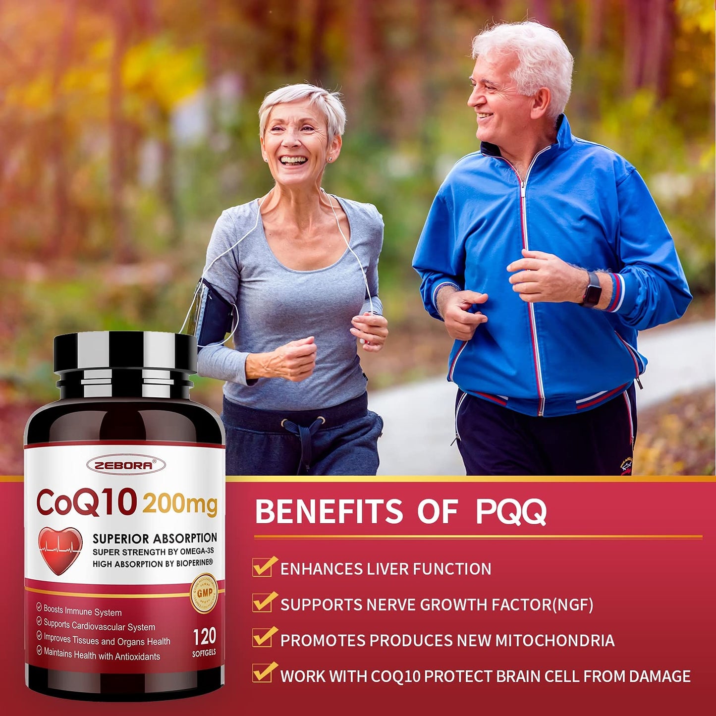 ZEBORA CoQ10 200mg Softgels with PQQ, BioPerine & Omega-3, 120 Softgels