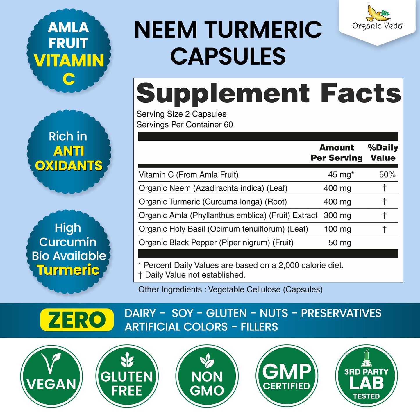 Organic Veda Neem Turmeric Capsules 120 Capsules