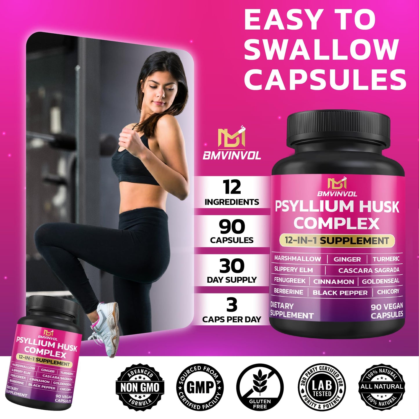 BMVINVOL Psyllium Husk, Slippery Elm, Cascara Sagrada, Fenugreek, Berberine, Cinnamon, Turmeric + 5 Mores Capsules, 90 Count