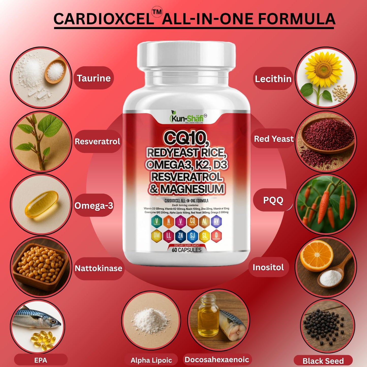 Kun Shafi COQ10 250mg, Red Yeast Rice, Omega-3, PQQ, Nattokinase, Resveratrol – Heart & Cardiovascular Support Supplement with Vitamin D3, K2, E, Zinc, 60 Capsules