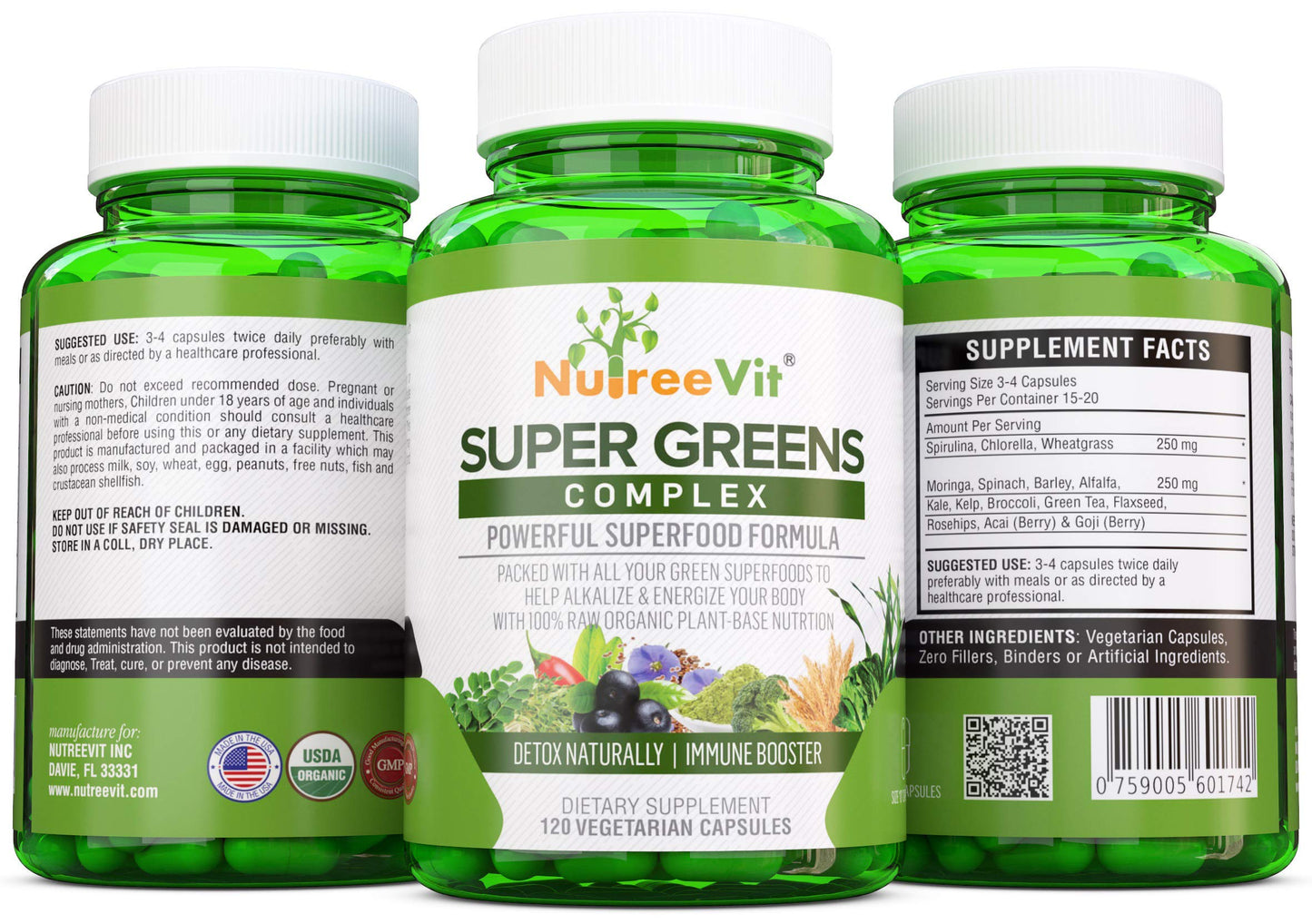 NutreeVit SuperGreens - Spirulina, Chlorella, Wheatgrass + More - Nutrient-Packed Green Blend 90 Capsules