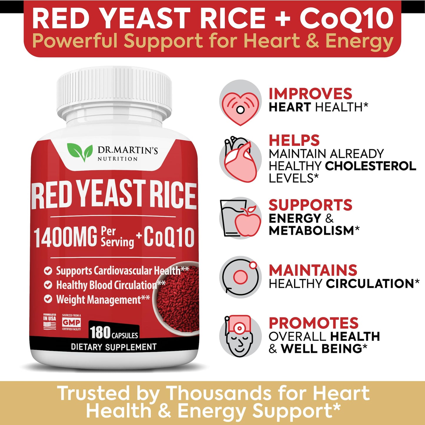 DR. MARTIN'S NUTRITION Red Yeast Rice Extract & CoQ10 Supplement Capsule 180 Count