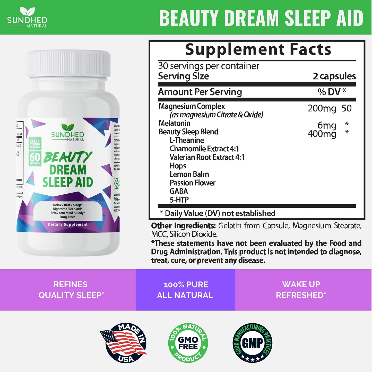 Sundhed Natural Sleep Aid Beauty Dream Sleep Aid Capsules 60 Count