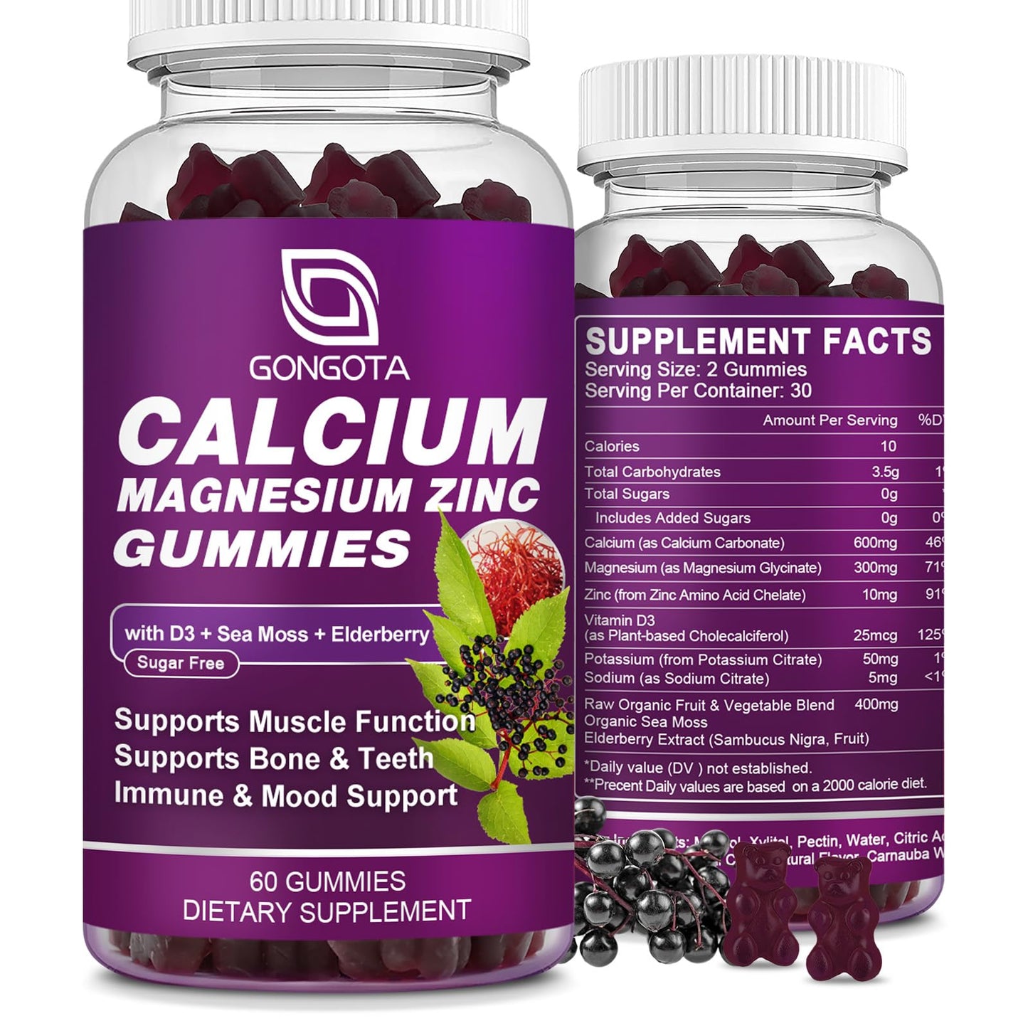 GONGOTA Calcium Magnesium Zinc with Vitamin D3 Supplement Gummy 60 Count