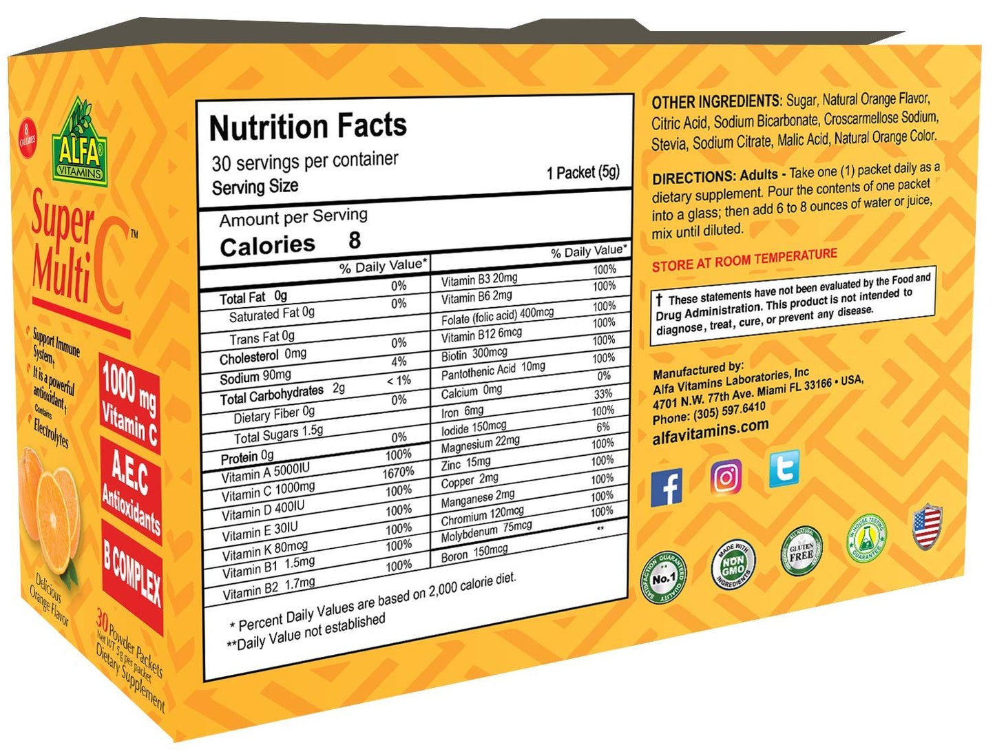 ALFA VITAMINS Super Multi C Vitamin C Powder and Multivitamin Supplement Premium Quality Source of Nutrients, Minerals, Antioxidants & Electrolytes, 30 Packets