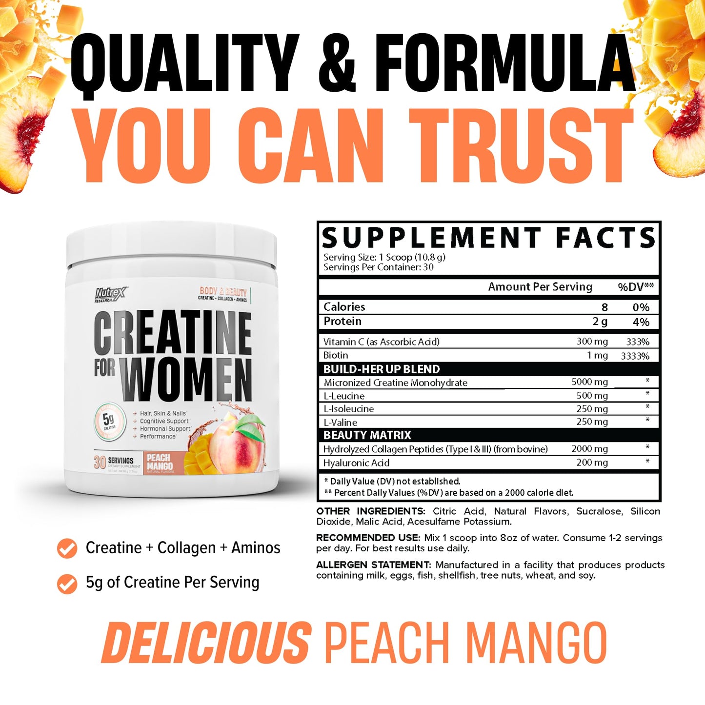 Nutrex Research Creatine for Women Booty & Beauty – Peach Mango Powder, 13 Ounce