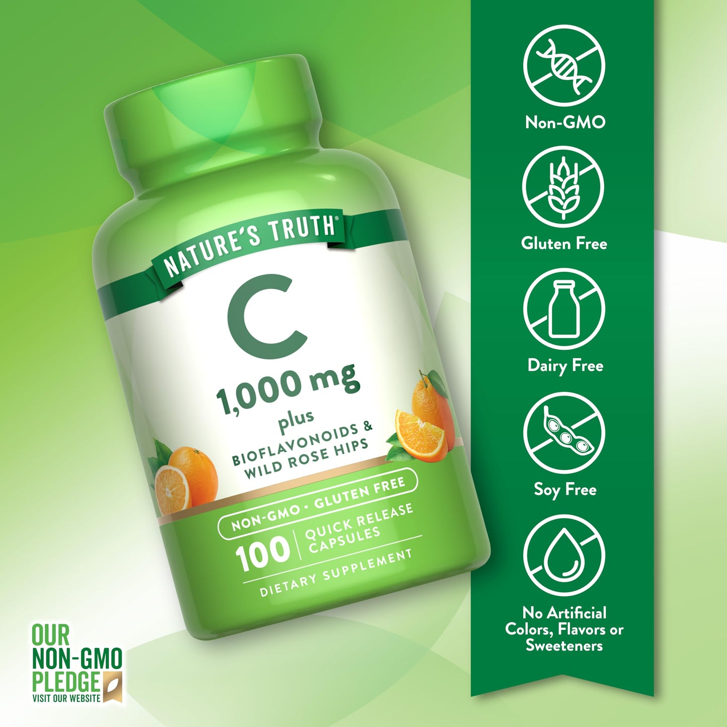 Nature's Truth Vitamin C 1000mg with Wild Rose Hips & Bioflavonoids Capsule, 100 Count