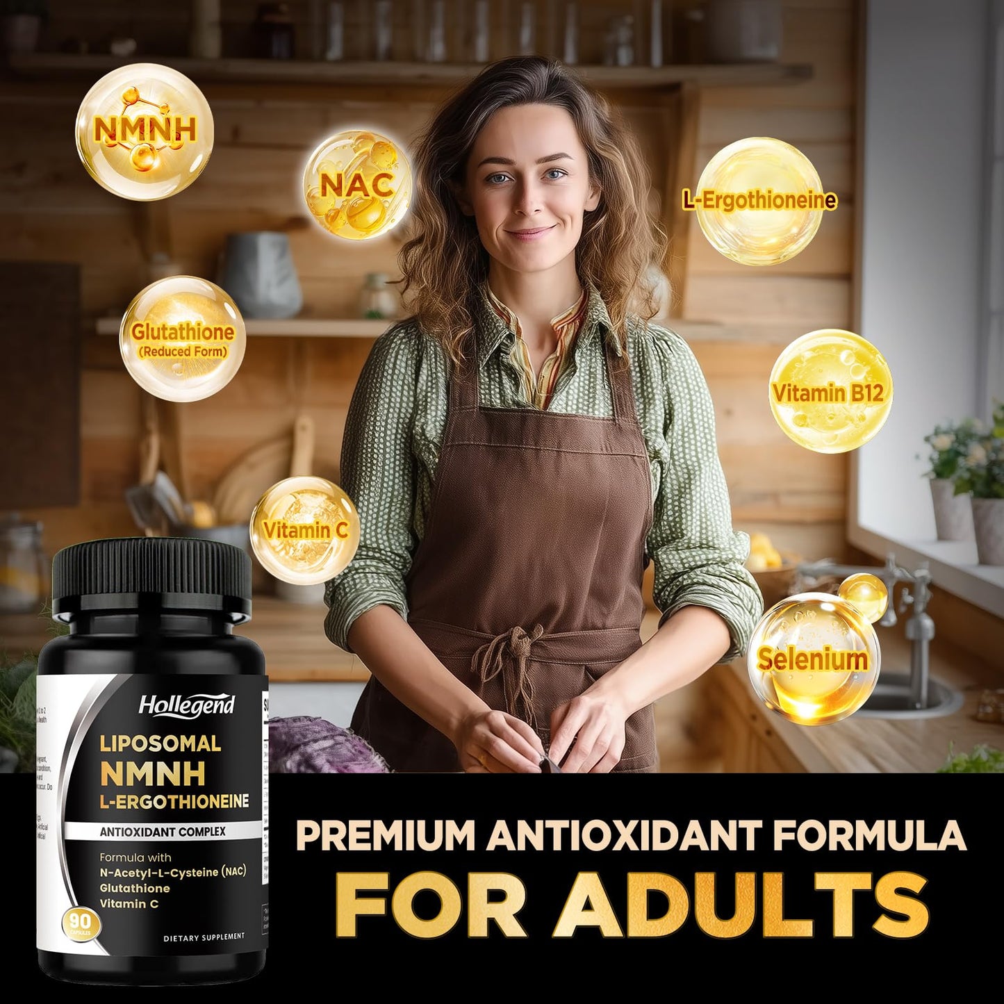 HOLLEGEND Liposomal NMNH & Ergothioneine Supplement, 6 in 1 Complex with NAC, Glutathione, Vitamin C & Selenium, Antioxidant & Immune Support, 90 Capsules