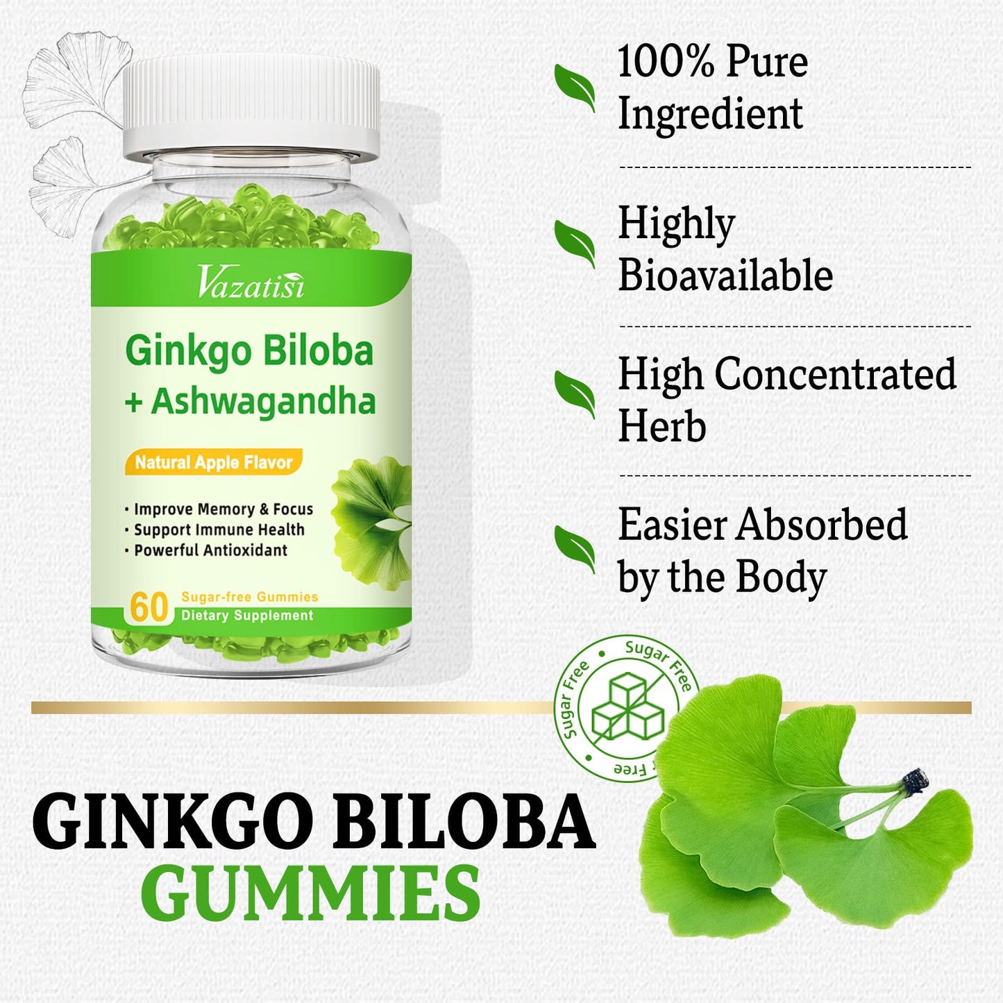 Vazatisi Ginkgo Biloba Gummies with Panax Ginseng, 120 Count