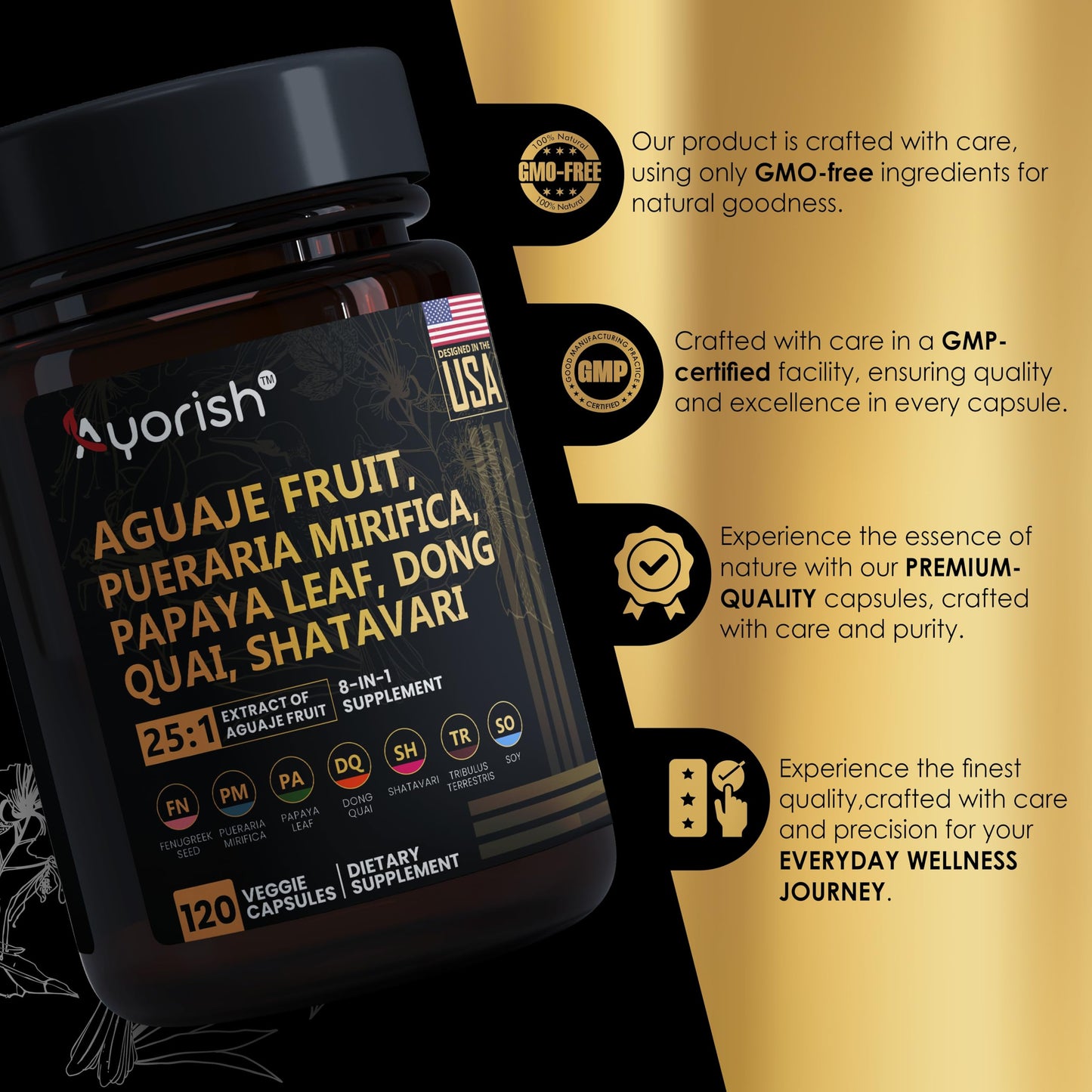 Ayorish Aguaje Fruit Supplement 1000mg 25:1 with Pueraria Mirifica, Papaya Leaf, Dong Quai, Shatavari, Wild Yam, Fenugreek Seed Capsules 120