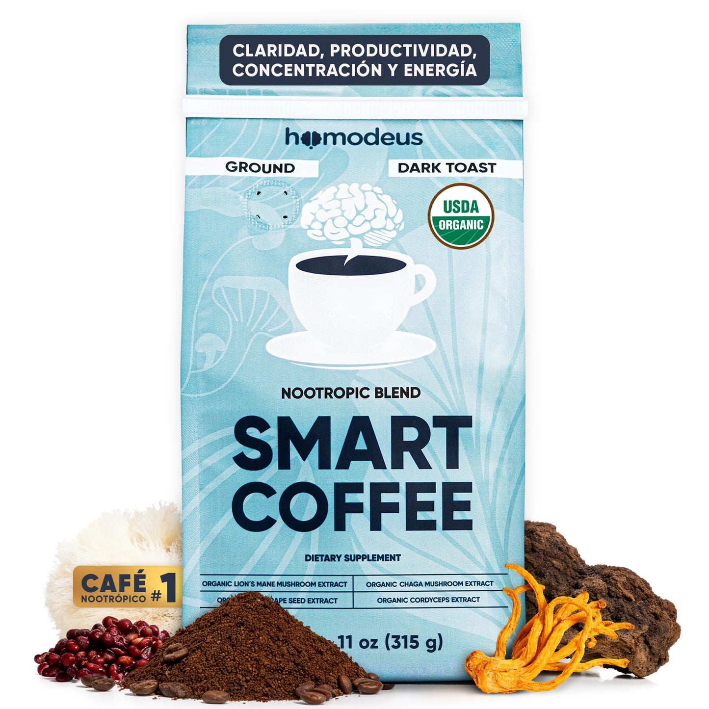 HOMODEUS Organic Mushroom Coffee Ground Nootropic with Lions Mane, Chaga, Cordyceps & Red Grape Seed Powder, 11.11 oz