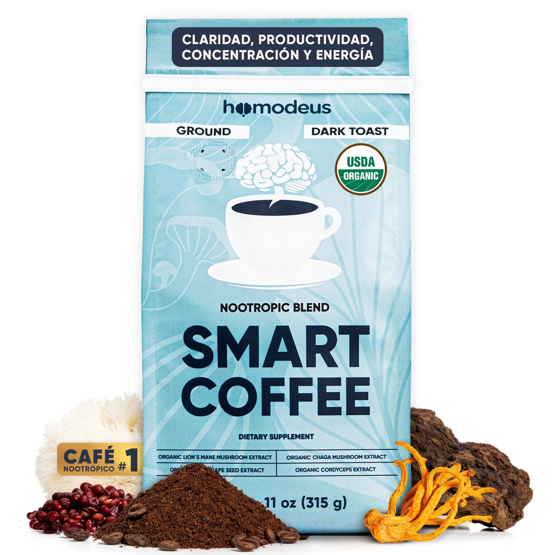 HOMODEUS Organic Mushroom Coffee Ground Nootropic with Lions Mane, Chaga, Cordyceps & Red Grape Seed Powder, 11.11 oz