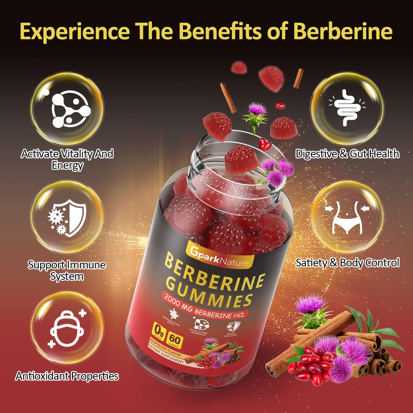 GparkNature Berberine Gummies 2000 mg with Ceylon Cinnamon, Turmeric, Milk Thistle, Magnesium, Chromium for Immune Support, Sugar Free, Vegan Raspberry Flavor, 60 Count