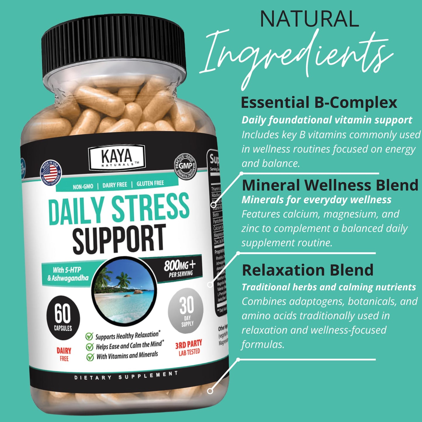 Kaya Naturals Natural Herbal Stress Support Vitamin Capsule 60 Capsules