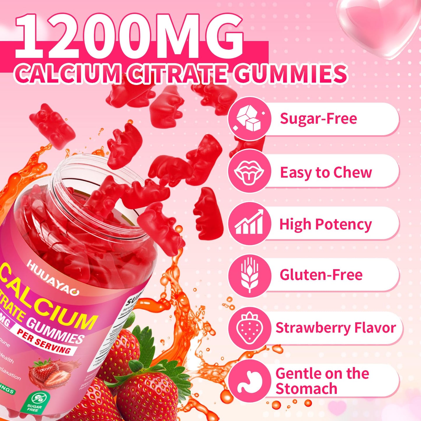 HUUAYAO Calcium Citrate Gummies 1200mg, Sugar Free Strawberry Flavor, 60 Gummies